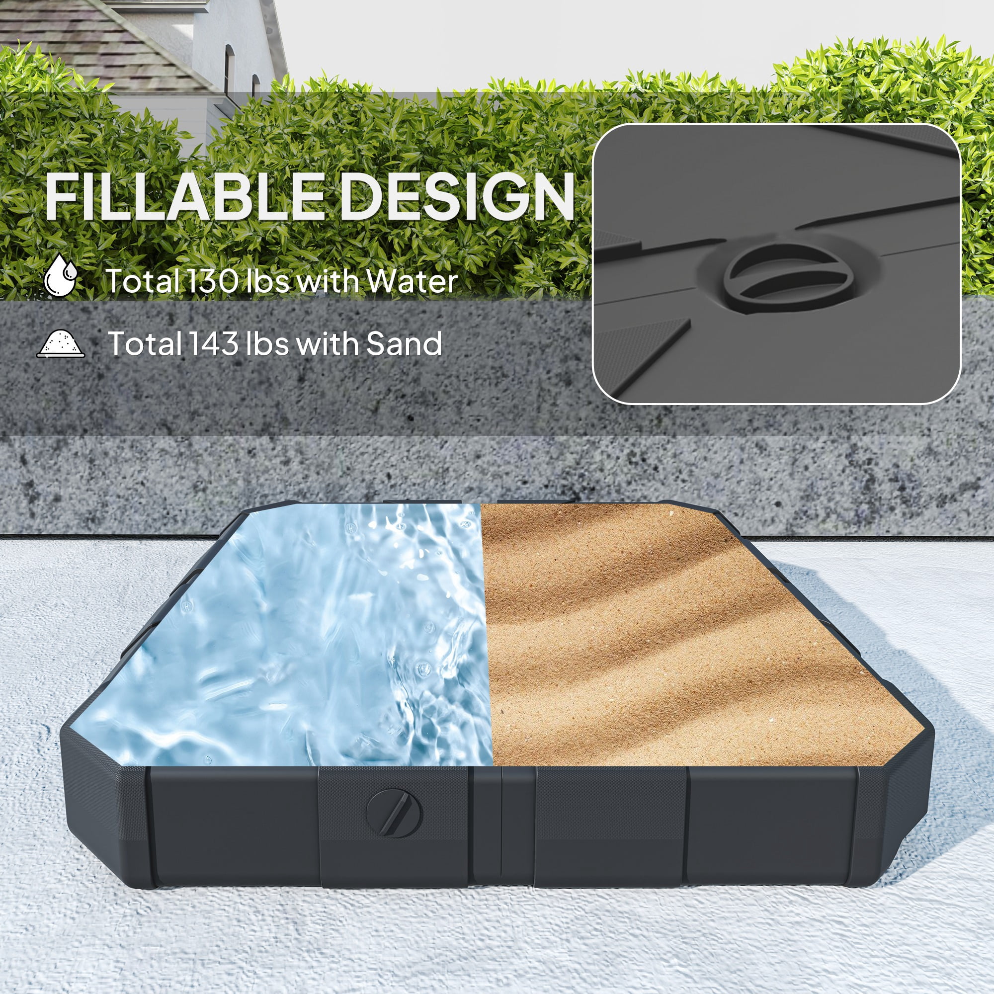 Homiyad Square Patio Umbrella Base, Cantilever Offset Umbrella Base Heavy Duty Outdoor Umbrella Stand Base, Filled Up to 143lbs with Stand or 130lbs with Water for Garden Poolside, Black