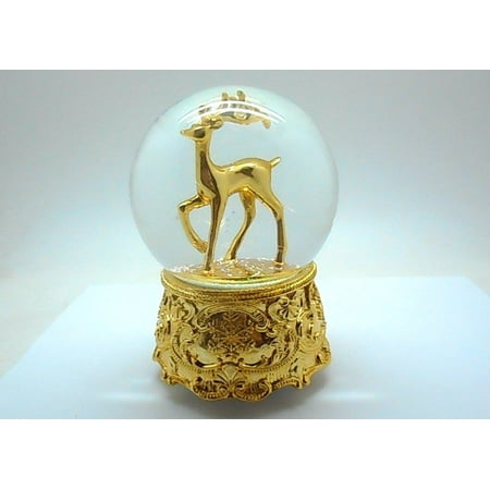 Elegantoss 100MM Poly Resin Musical Christmas Rotating Gold Reindeer Snow Globe with Iron Base and Playing Music, Falling