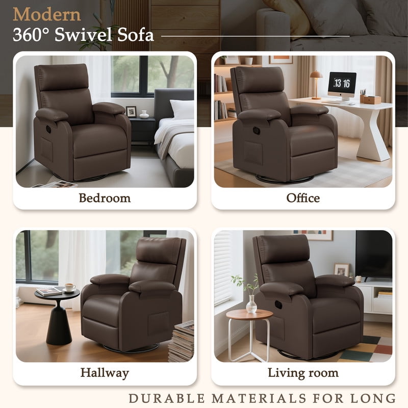 Homall 360° Massage Swivel Rocker Recliner Small Rocking PU Leather Chairs with Side Pockets for Small Spaces,Brown