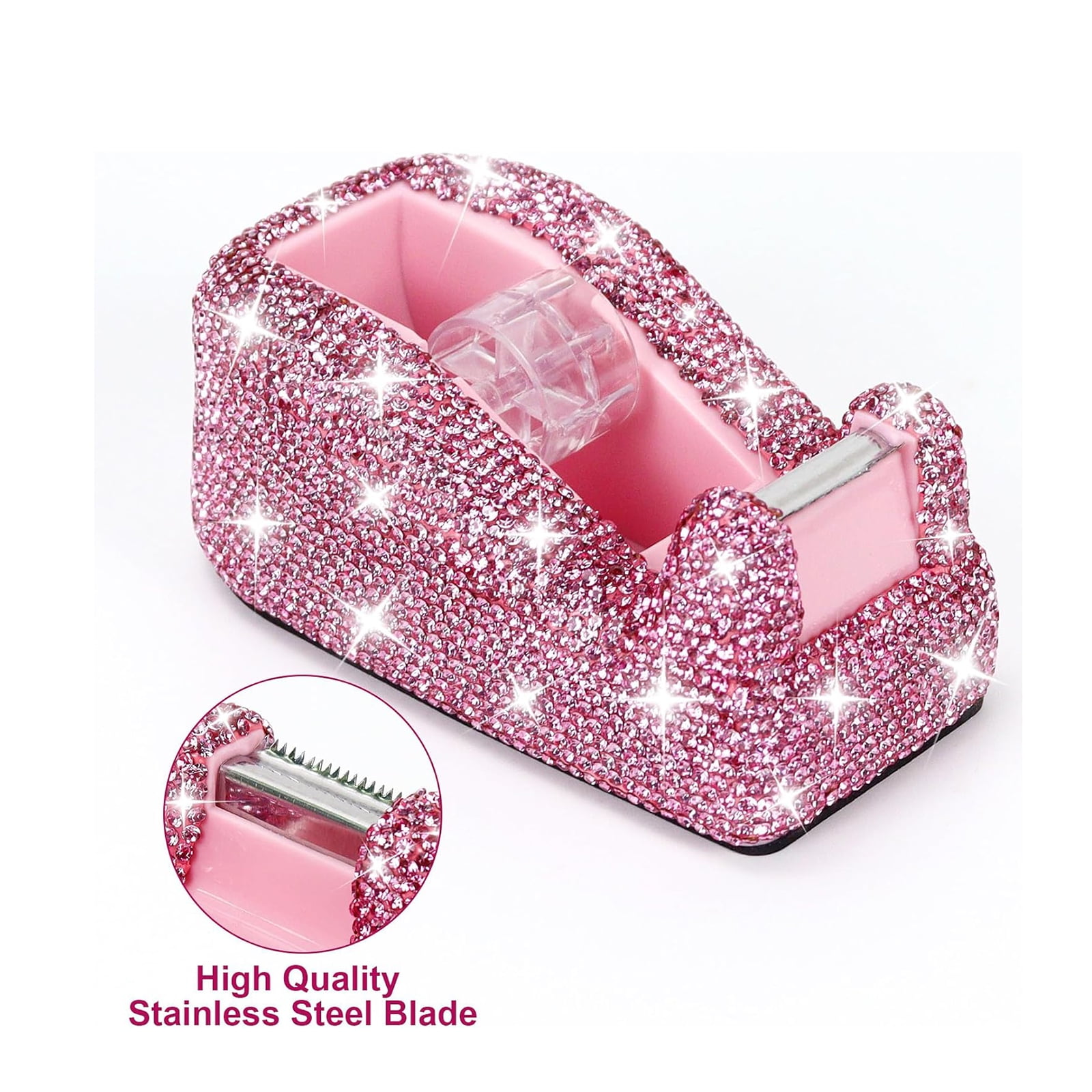 Multibey Bling Crystal Tape Dispenser, Sparkly Desktop Adhesive Tape Dispenser Cutter with Tape for Desk, Pink Glitter Tape Holder Cutter Rhinestone for Women Office Gift