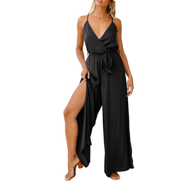 VISgogo - Mono largo de verano para mujer, color sólido, sin mangas, cuello en V profundo, pierna ancha VISgogo moda