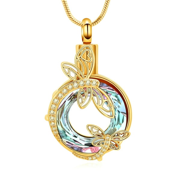 Dragonfly Urn Necklace for Ashes with Crystal Ring Human/Pet Ashes Stainless Steel Hollow Memorial Locket Pendant Cremation Keepsake Necklace
