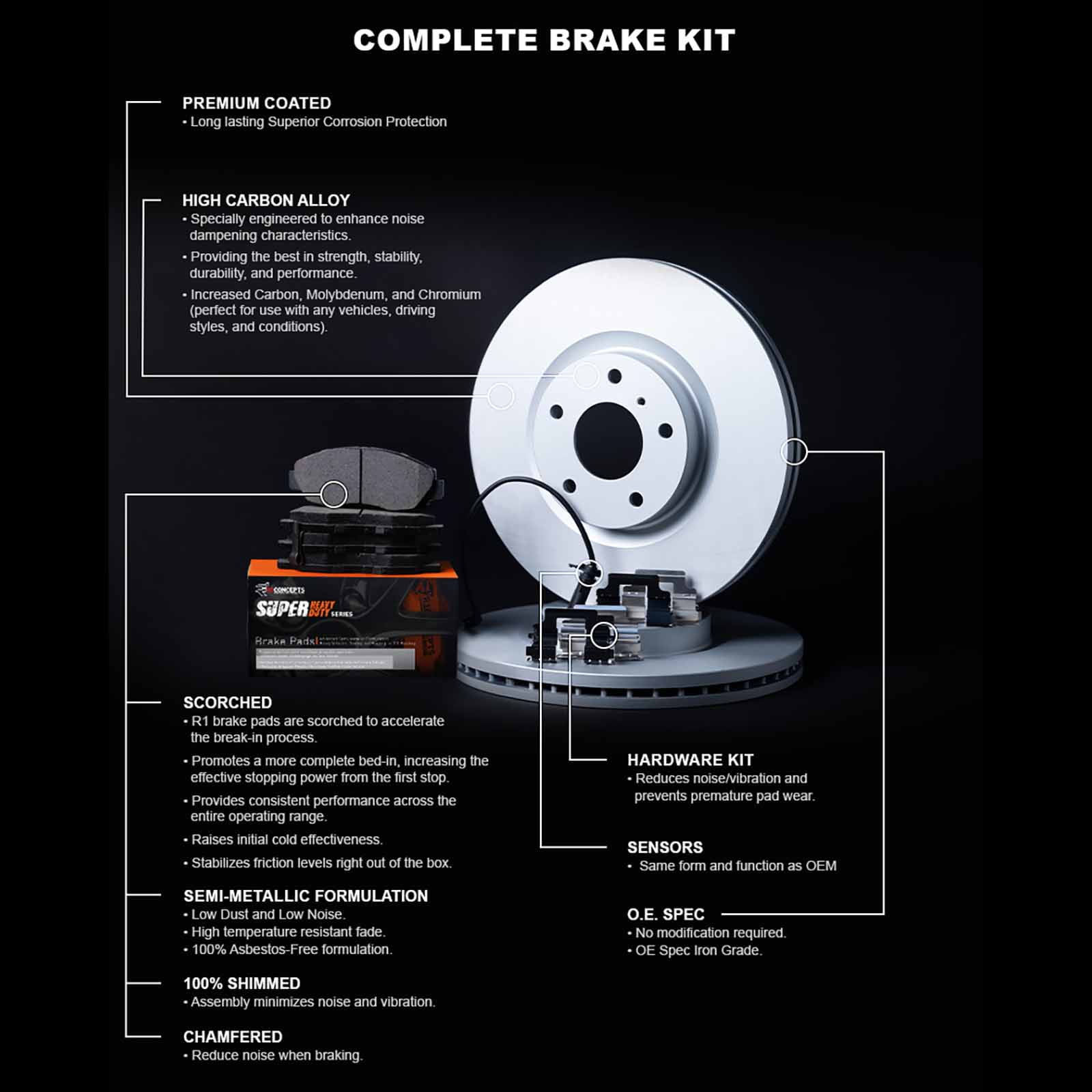 R1 Concepts WDXS1-63123 Front Brakes and Rotors, OEM Specifications, (2) Brake Rotors + (4) Brake Pads + Hardware Kit + Sensor