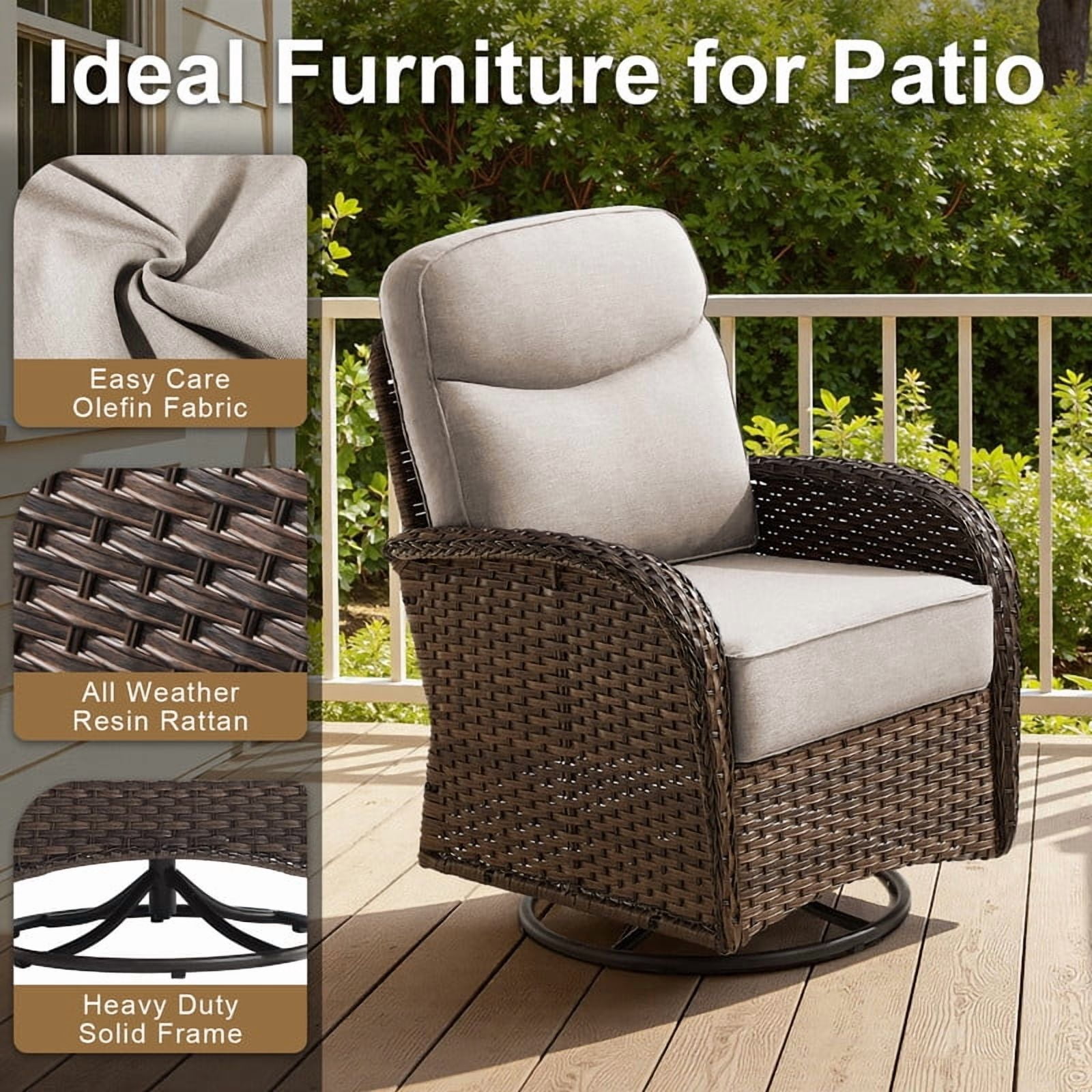 Opohoro 3PCS Outdoor Swivel Chair Set with Side Table and 6-Inch Thick Cushions, All Weather Wicker Patio Chairs for Porch Balcony