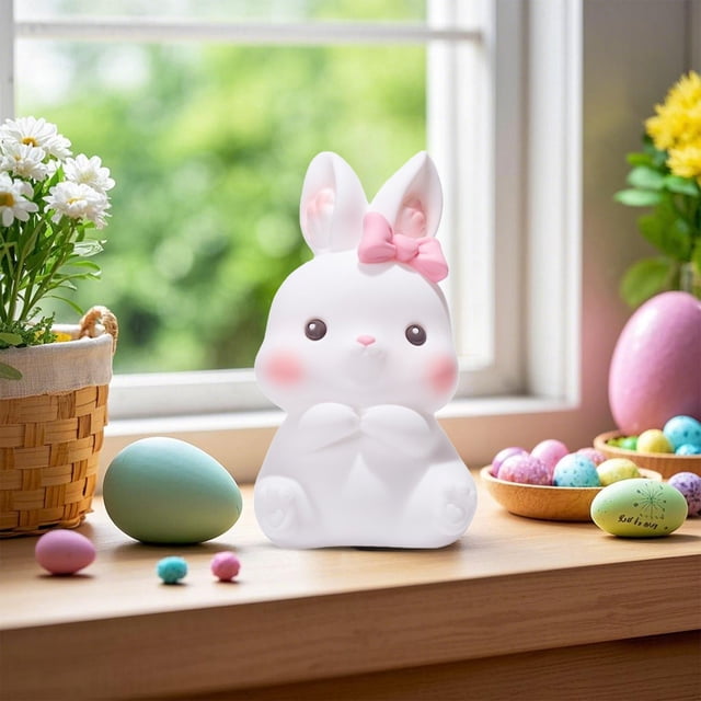 Lámpara LED de conejo de Pascua – Lámpara decorativa portátil de plástico para conejos, rosa o blanca, a pilas, suave y cálida, decoración para las vacaciones de Pascua