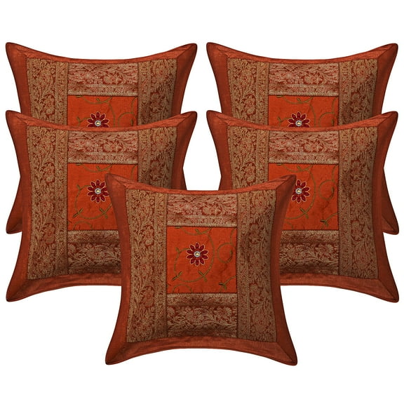 Stylo Culture Ethnic Chair Seat Throw Pillow Covers Embroidered 16x16 Brocade Patchwork Brown Traditional 40cm x 40cm Living Room Polydupion Floral Square Cushion Covers | Set Of 5