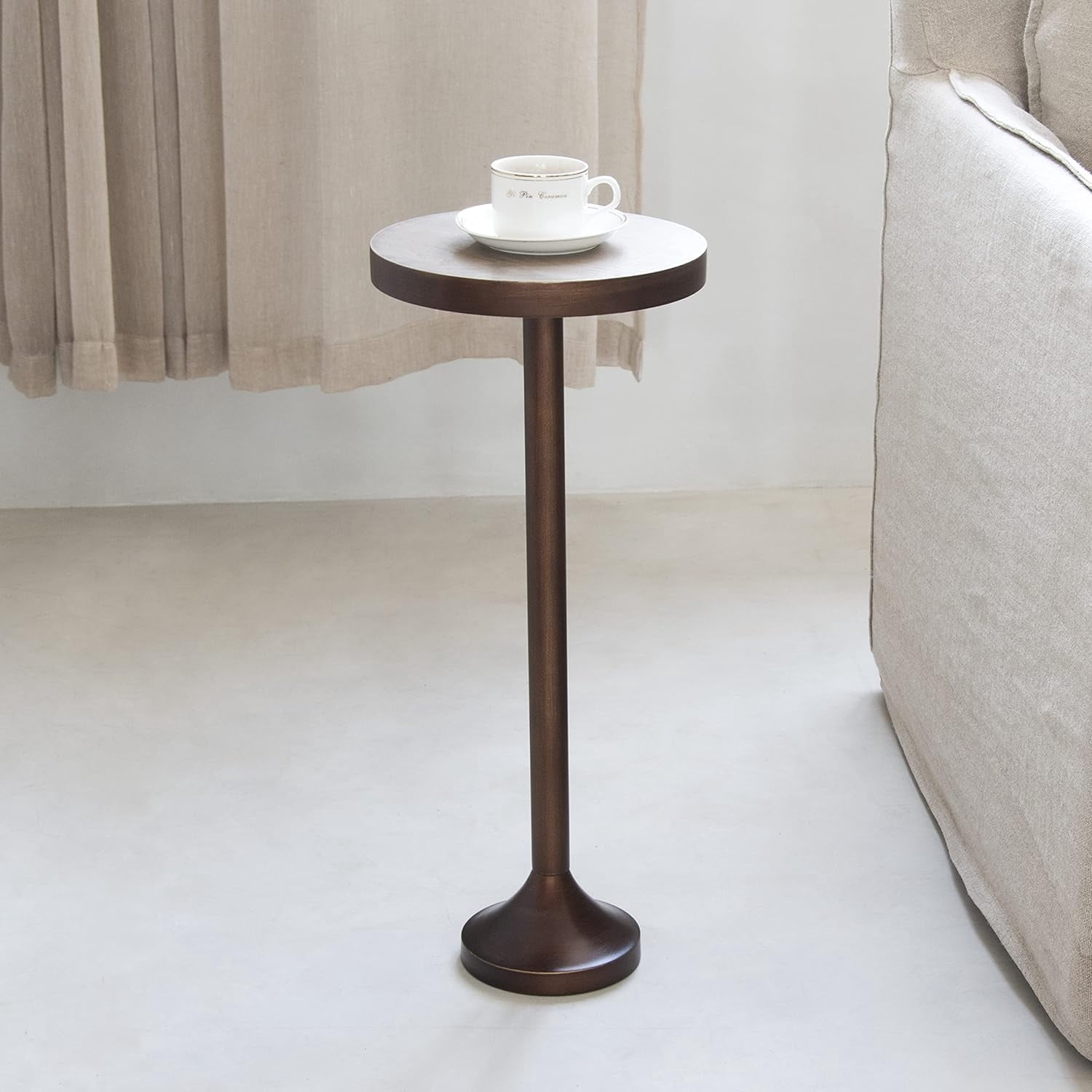 Small Pedestal End Table, Living Room Accent Side Table - Display Stand with Wood Top & Distressed Finish Metal Base, Light Espresso