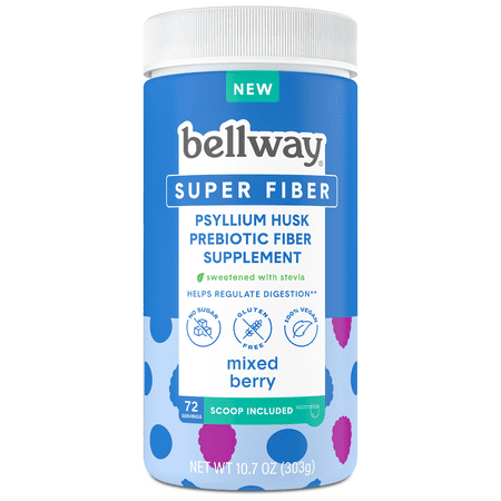 Bellway Psyllium Super Fiber Prebiotic Supplement Powder, Sugar-Free, Mixed Berry, 72 Servings