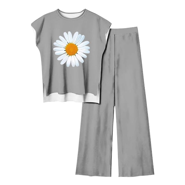 Birdeem Blouses pour Femmes Ensemble Décontracté Sans Manches Imprimé Col Rond et Pantalon