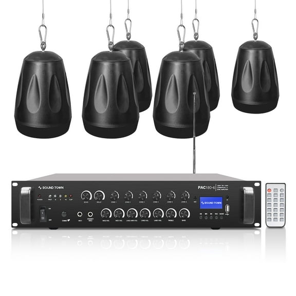 Sound Town Commercial Restaurant Bluetooth Amplifier   Pendant Speaker Set, with One 6-Zone 70V/100V Amplifier with Bluetooth, 6 x All-Weather 4-Inch Pendant Speakers, Black (PAC180X6PD4B)