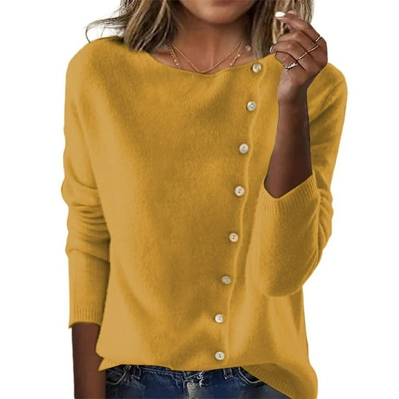 Arlun Plus Size Long Sleeve Knit Sweaters Top Button down Crewneck Soft Comfortable Pullovers 2025 Fall Winter Solid Color Thin Sweater Stylish Casual Outfits Yellow XL
