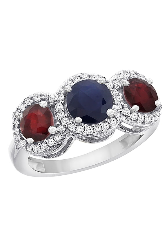 14K White Gold Natural High Quality Blue Sapphire & Enhanced Ruby Sides Round 3-stone Ring Diamond Accents, size 6