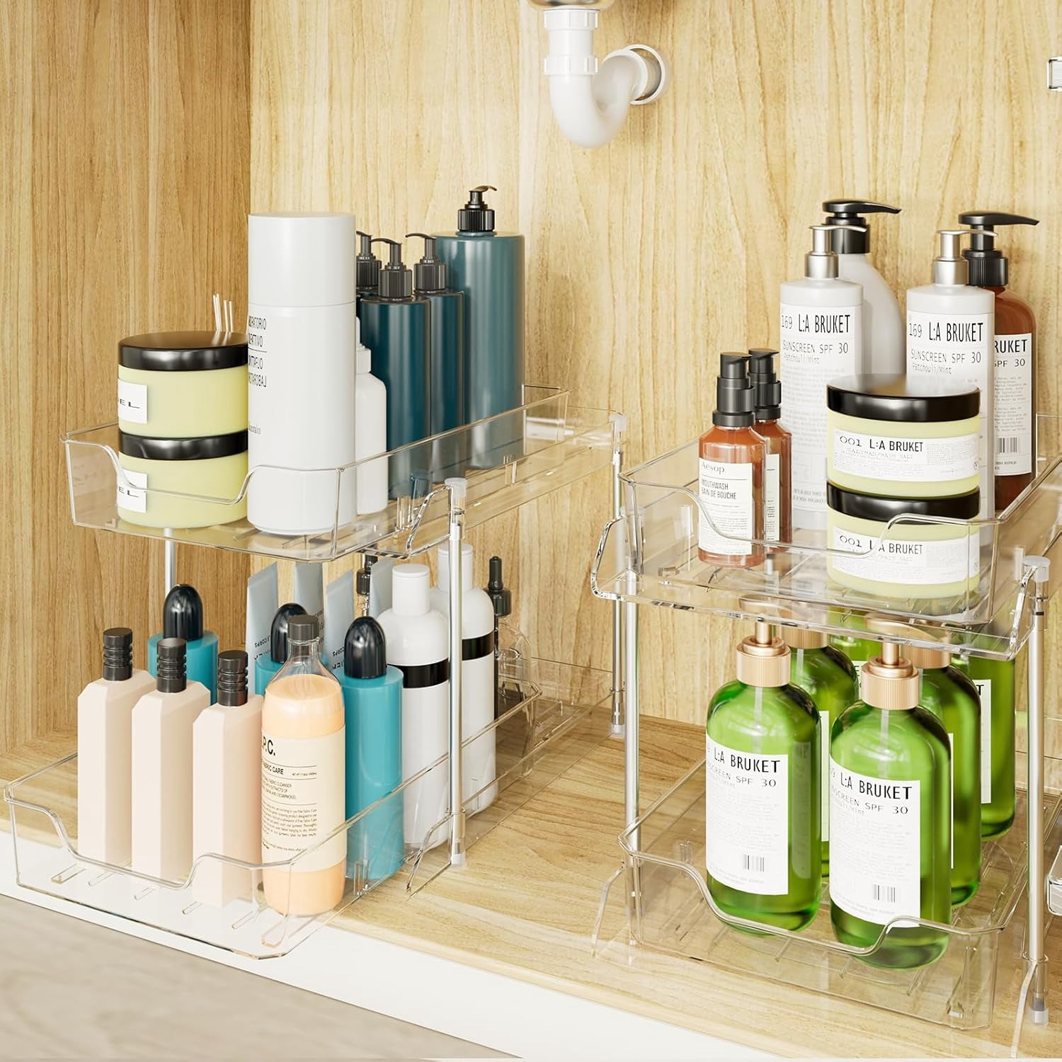 4 Pack Bathroom Under Sink Organizers and Storage, 2-Tier Pull Out Medicine Cabinet Organizing- Kitchen, Pantry, Medicine Storage Bins, Vanity Makeup.(Clear,10.63" L x 8.0" W x 8.46" H).