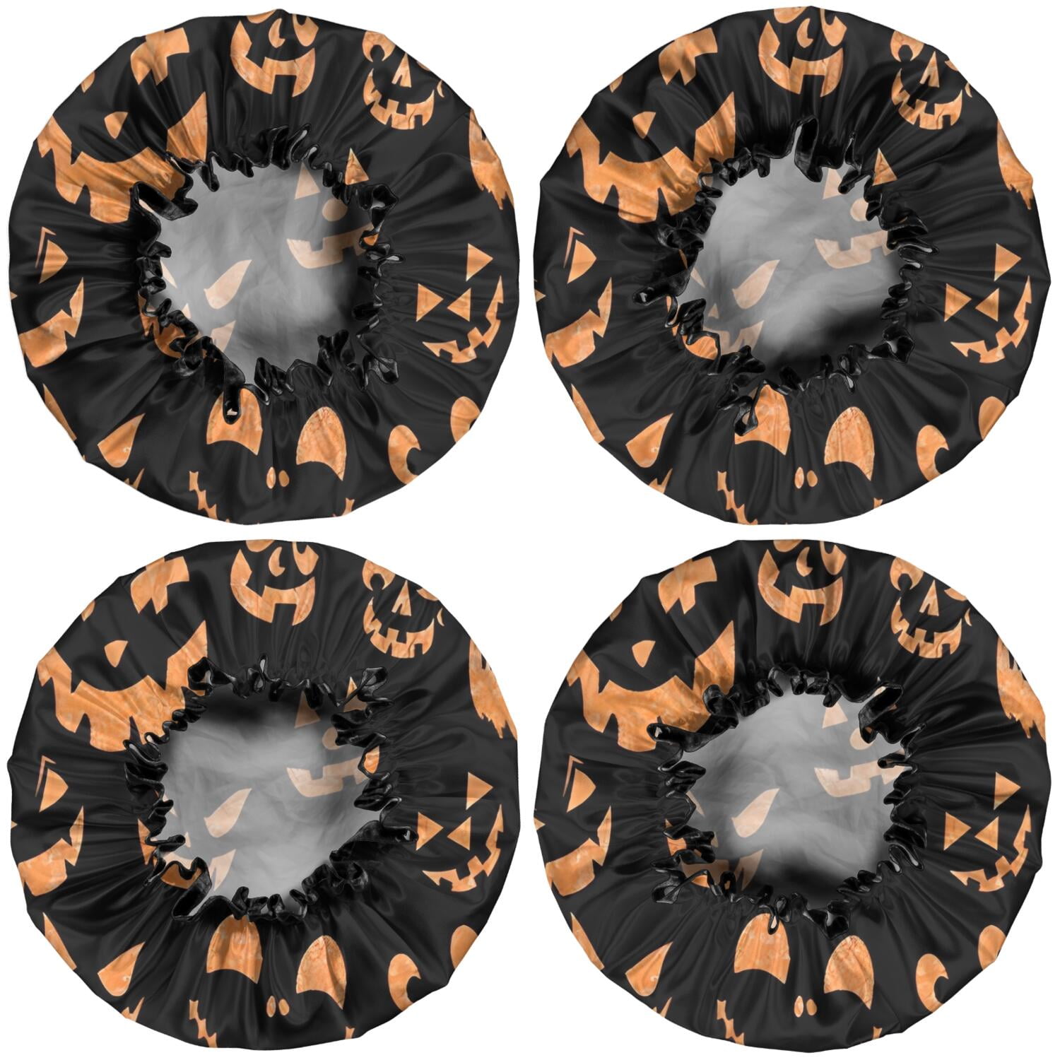 Shower Caps,Black Halloween Pumpkin Faces Waterproof Shower Cap for Women 4 Pieces,Double Reusable Hair Cover for Shower PEVA Elastic Stretch Hem