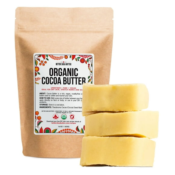Organic Cocoa Butter Raw Unrefined, Food Grade USDA Certified Organic, for Scars, Stretch Marks Cream, Body Butter, Lip Balm and Lotion Bars, 100% Pure 1 lb Block