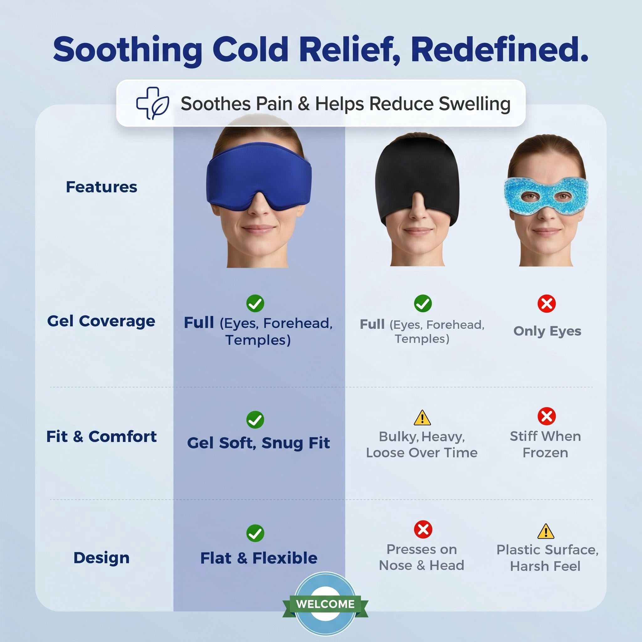 FACEMOON Reusable Cooling Gel Eye Mask, Solid Color, Unscented, Soft Plush Backing, Sleep & Relaxation