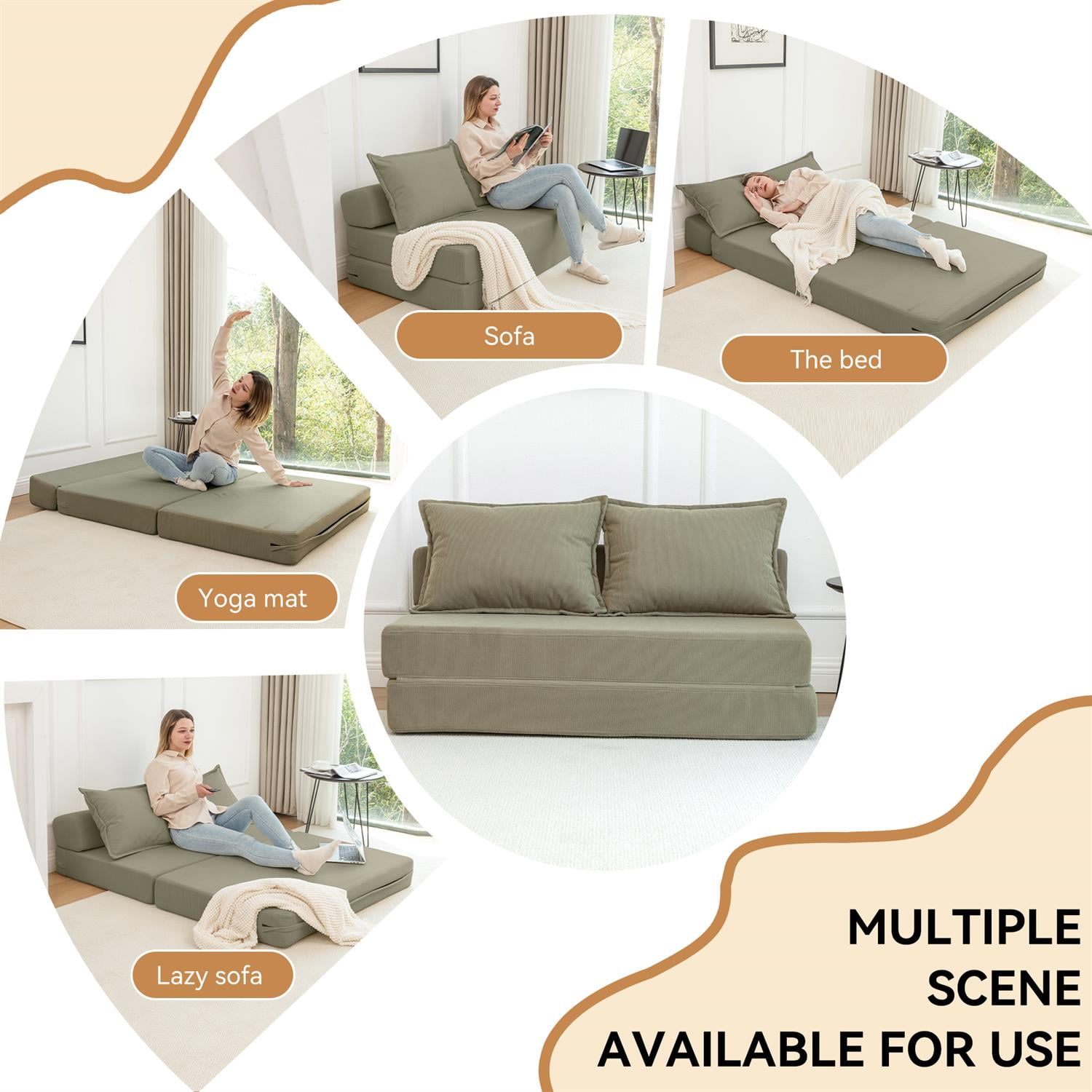 Demi Bonn 47" Twin Size Foldable Sofa Bed Sleeper Lounge Chair with Pillow, Convertible Floor Mattress Couch with Adjustable Backrest for Living Room, Dorm, Green