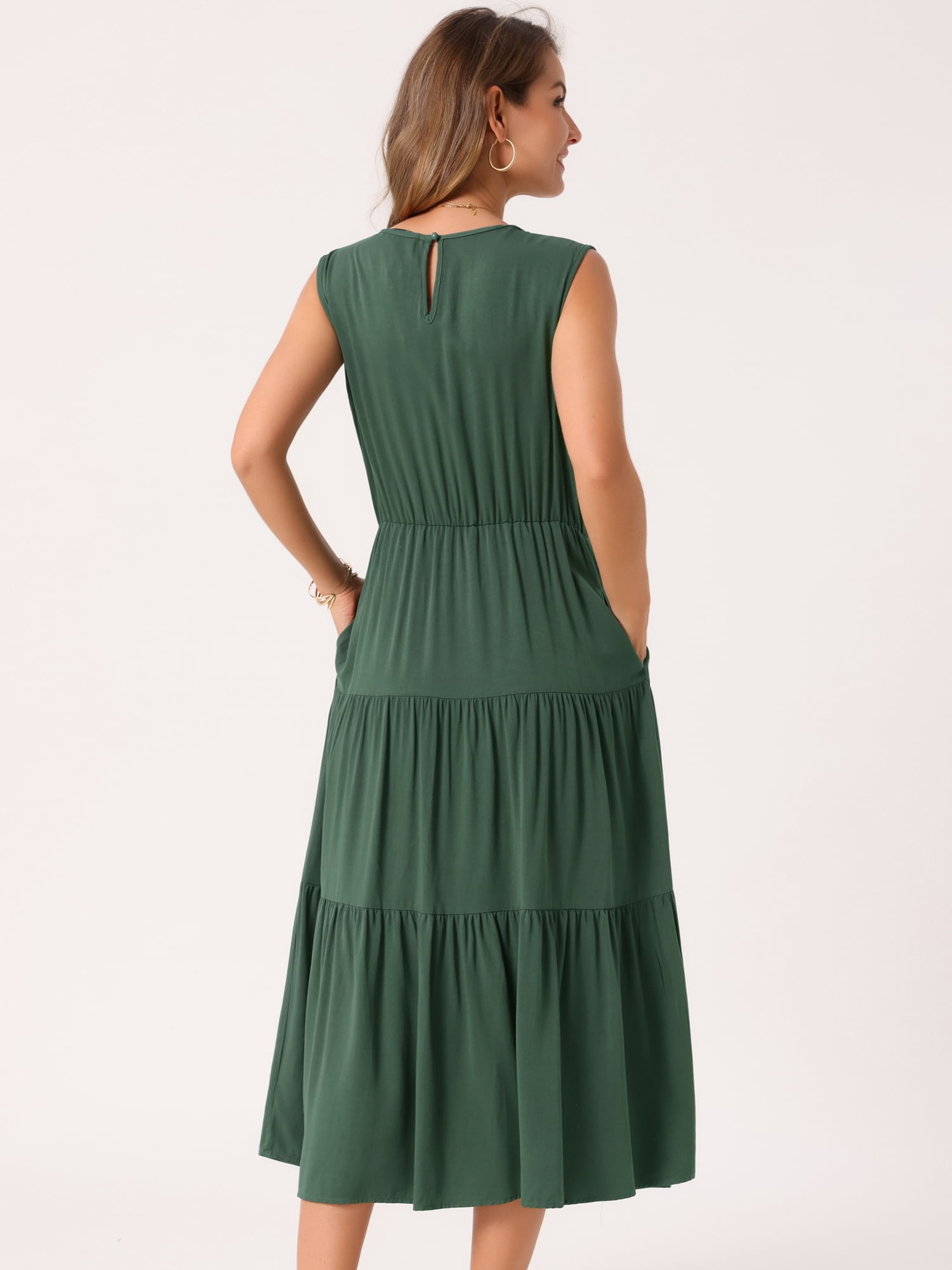 DARING DIVA Sleeveless Crewneck Tiered Casual Midi Dress M Army Green