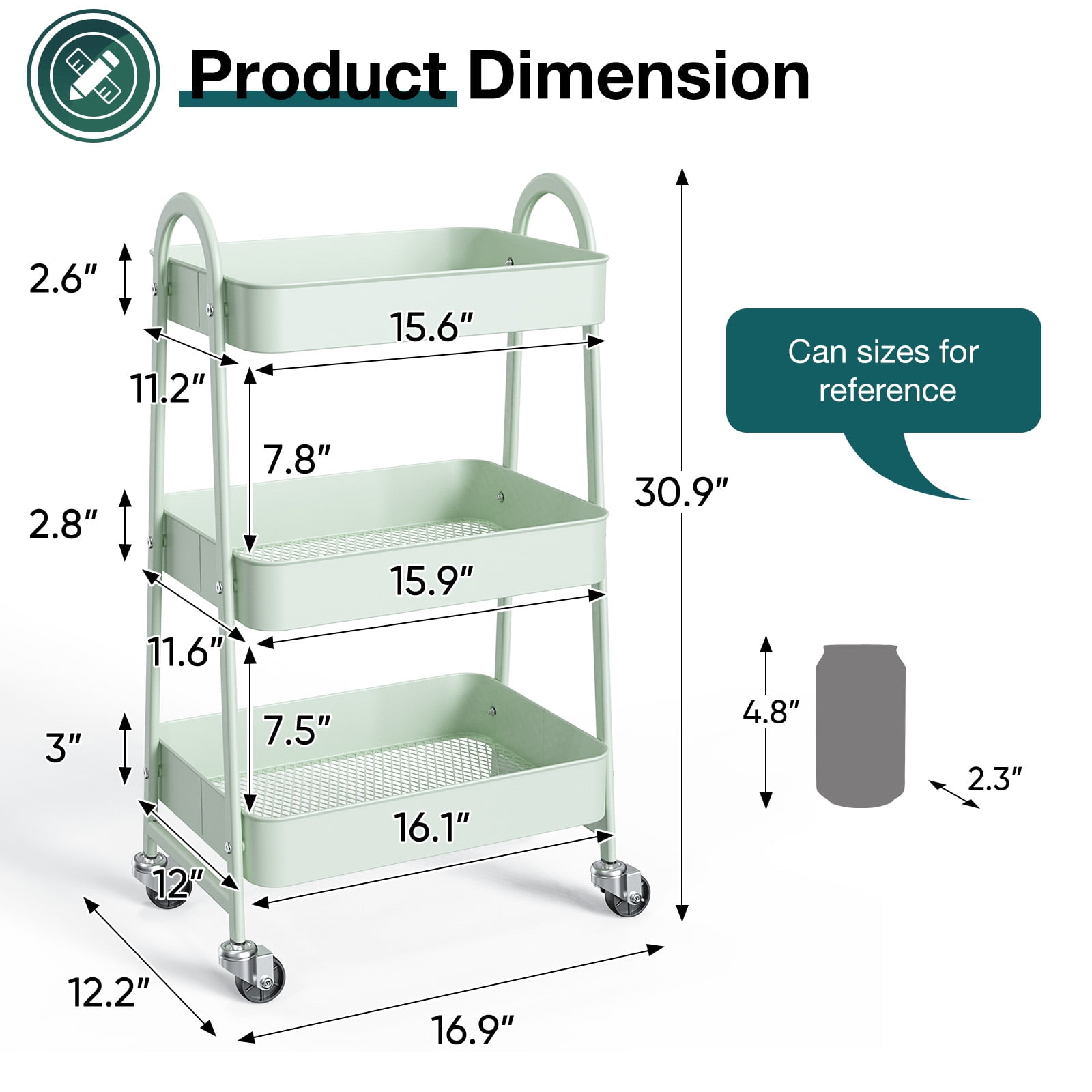 ZUNMOS 3 Tier Rolling Cart, Metal Utility Storage Cart with Lockable Wheels for Livingroom, Bathroom, Kitchen & Narrow Spaces,Green