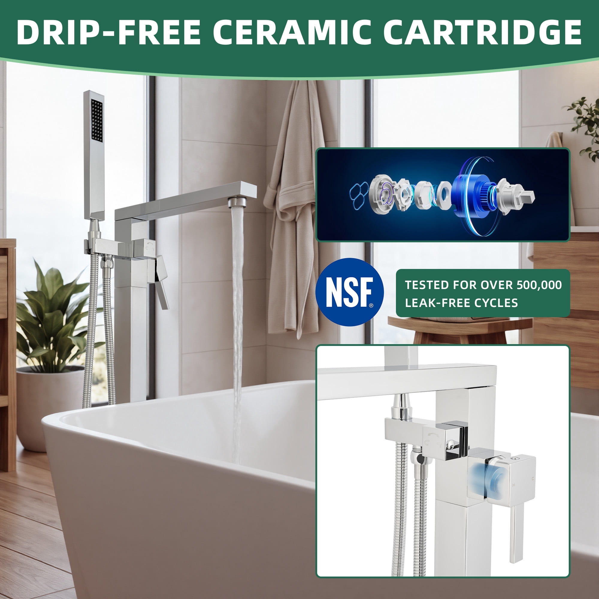 Free Standing Tub Faucet, 360°Swivel High Flow Freestanding Bathtub Faucet with Handheld Shower, Brass Body Tub Filler for Modern Bathroom, Chrome