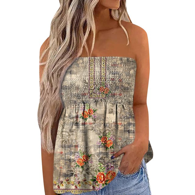 Gibobby Camiseta de tirantes sin mangas con estampado floral para mujer, cintura elástica plisada, sin espalda(Caqui,M)