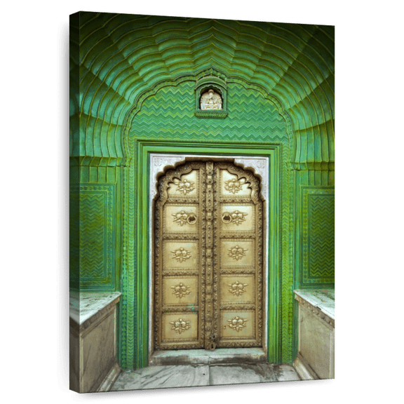 Elephant Stock Ornate Indian Door Wall Art - Vertical Canvas Wall Art - Living Room Wall Decor - Architecture Canvas - Green And Gold Decor - 8" x 12"