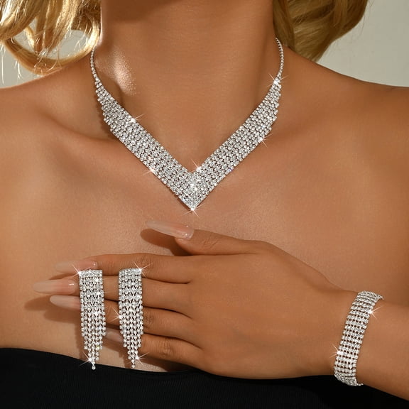 AEXTO Luxury V-Neck Rhinestone Jewelry Set for Women – 3-Piece Statement Necklace, Tassel Earrings, Crystal Stretch Bracelet & Eternity Ring – Sparkling Bridal Wedding Prom Party Accessories