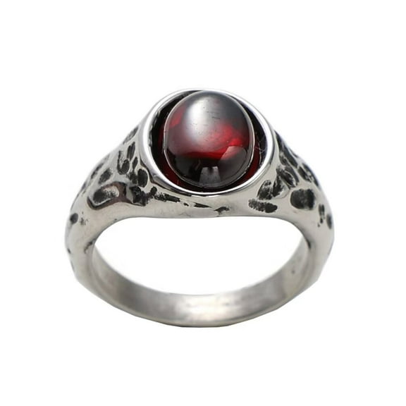 PAMTIER Men's Stainless Steel Personality Vintage Punk Oval Cut Red Gemstone Biker Ring Cool Honeycomb Pattern Carved Wedding Band Silver Size 7