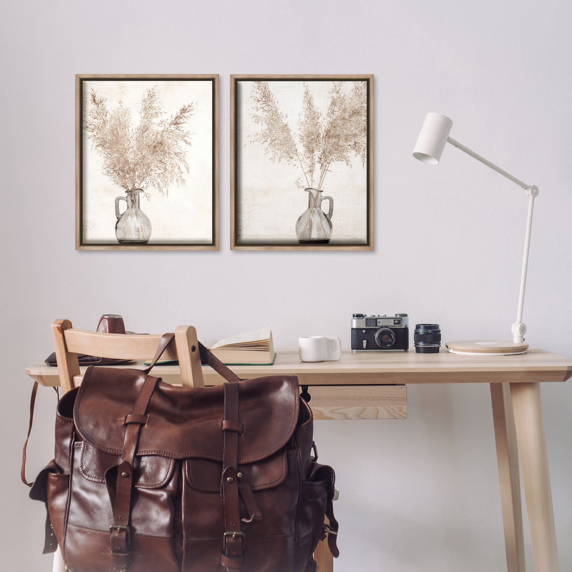 Stupell Industries Wild Pampas Stalks Vase Plants & Flowers Photography Brown Floater Framed Canvas Art Print Wall Art, 17 x 21, Set of 2