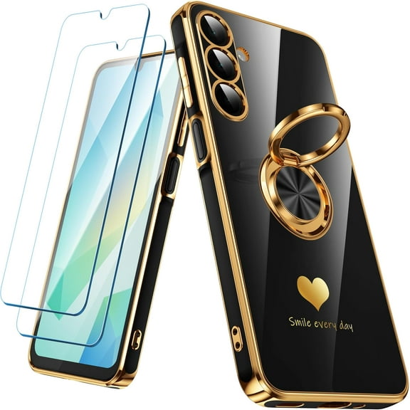 for Samsung Galaxy A16 5G Case with 2 Pack Screen Protector, 360° Rotatable Ring Holder [Luxury Hearts Pattern] Plating Gold Edge Slim Soft Phone Cover Case for Galaxy A16 - Purple
