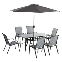 Outdoor Dining Table and Chairs Set for 6, Patio Furniture with Umbrella, Fast-Drying Mesh, Grey