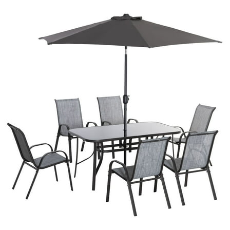Outdoor Dining Table and Chairs Set for 6, Patio Furniture with Umbrella, Fast-Drying Mesh, Grey