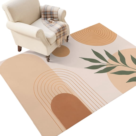 Bohemian Washable Area Rug 2.7 x 5 ft Abstract Green Leaf Beige Geometric Lines Circle Soft Non‑Slip Rugs Stain Repellent Indoor Mats for Kitchen Aisle, Foyer, Foot‑of‑Bed, Mudroom