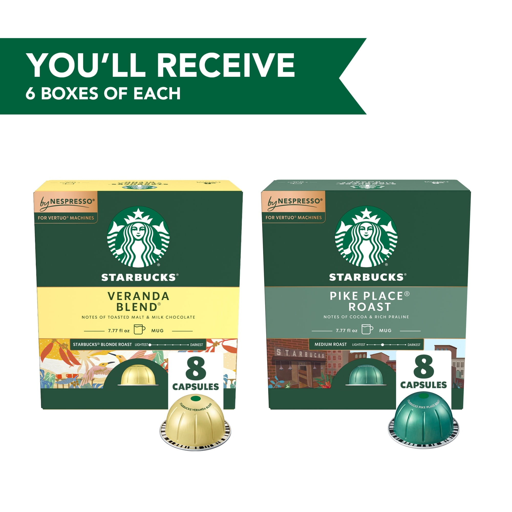 (6 pack) Starbucks by Nespresso Vertuo, Starbucks Light and Medium Roast Nespresso Pods, 96 Count