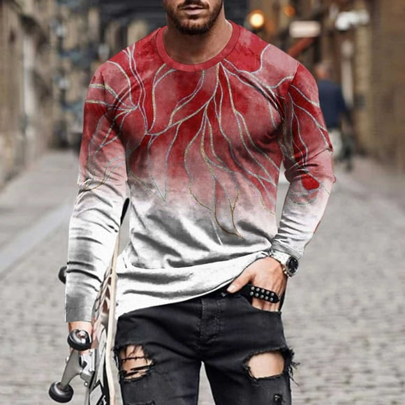 Meichang Long Sleeve T Shirt Men Slim Fit,Mens Graphic Tees Trendy 3D Optical Illusion Print T-Shirts Novelty Round Neck Gym Long Sleeve Shirts for Men
