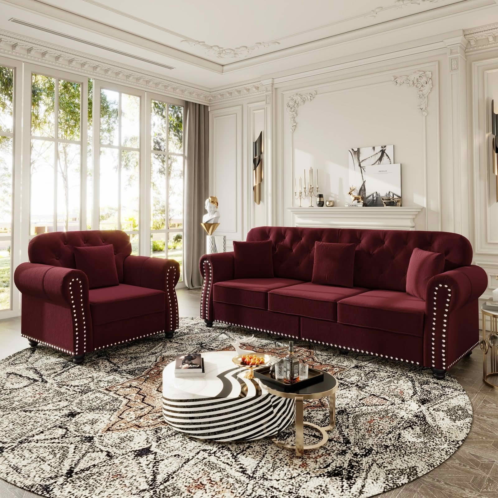 MAYEERTY Velvet Chesterfield 1&3‑Seat Sofa Set, Mid‑Century Modern Couches with Button Tufting, Nailhead Trim and Rolled Armrests, Comes with 1 Ottoman for Home Living Room