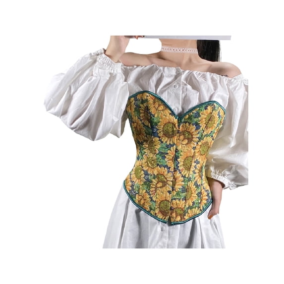 Corsets for Women Waist Cincher Shaper Boned Satin Vintage Print Design Front Hook Buckle Back Drawstring Strap Slim Fit Push Up Shaper Tops