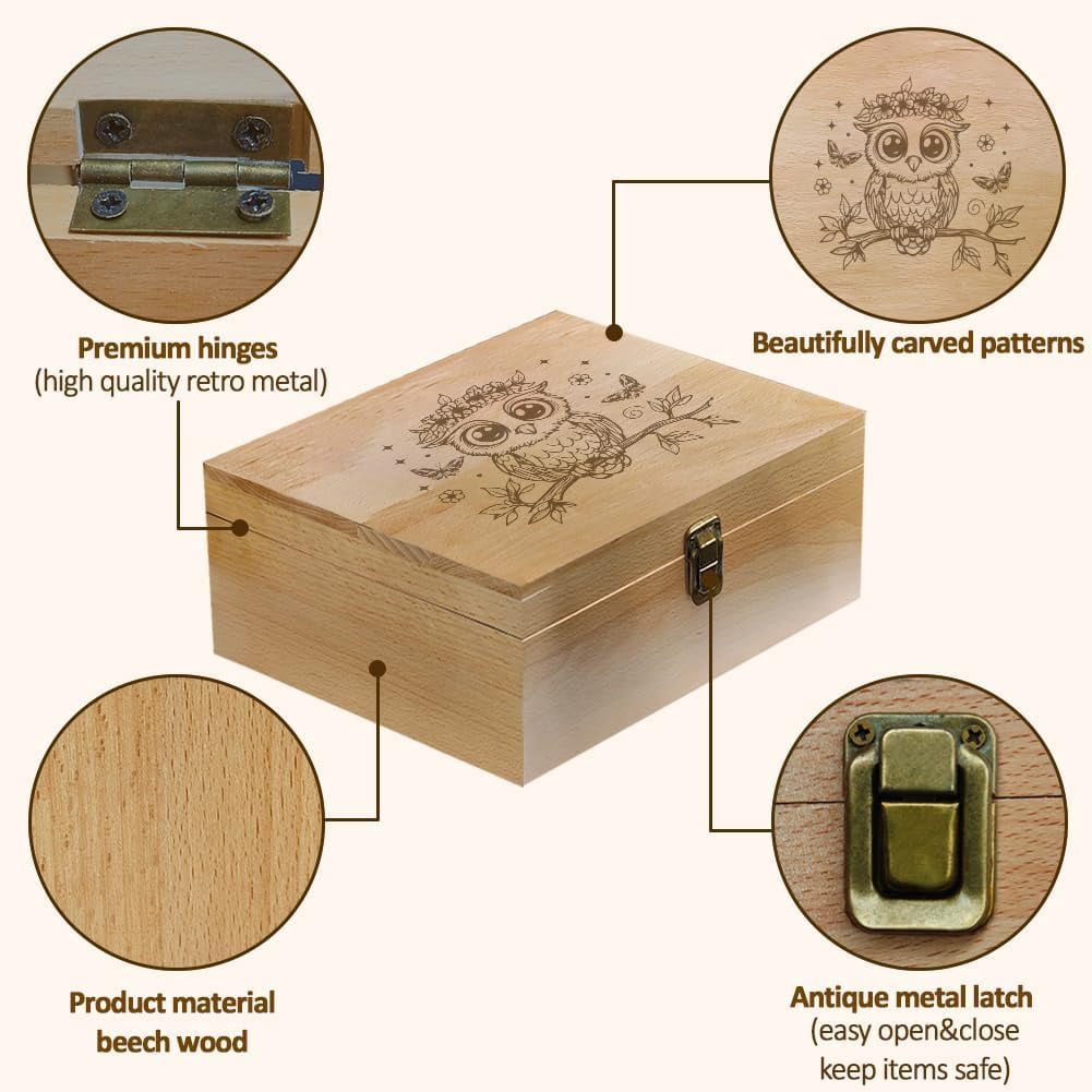1 Pc Wooden Memory Keepsake Box Owl Pattern Memory Box with Hinged Lids Animal Theme Keepsake Chest for Souvenirs Picture Letter Storage 9.6x7.6x4inch(24.5x19.5x10.3cm)