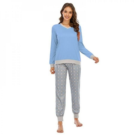 

Clearance!Long-sleeved Ladies Home Service Wave Point Autumn and Winter Pajamas Sleep Pants Set Pajamasia Two-piece Set Blue M