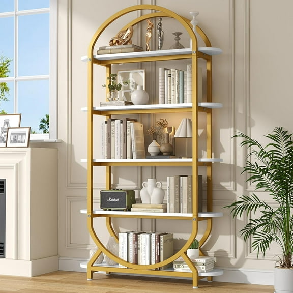 Semoic Tall Bookshelf Arched Bookcase, Modern 5-Tier Book Shelves with Storage Organizer - Industrial Curved Freestanding Open Display Shelving Unit for Living Room, Library, Home Office, Gold