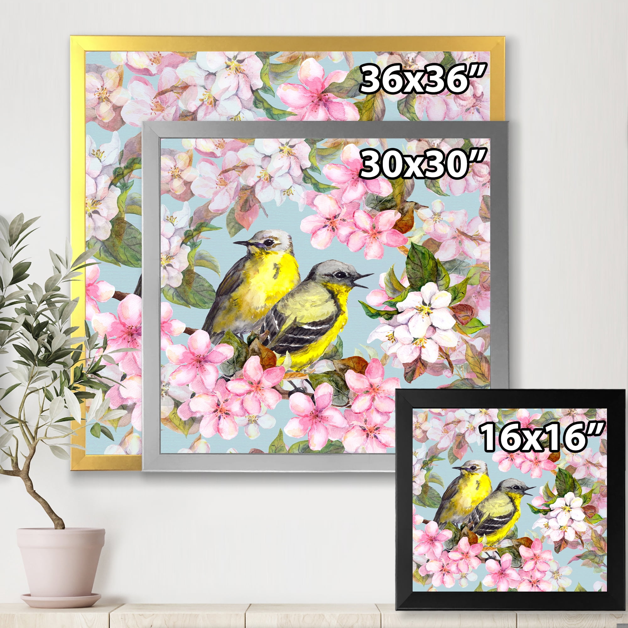Designart 'Birds On Pink Cherry Sakura and Apple Flowers II' Traditional Framed Art Print