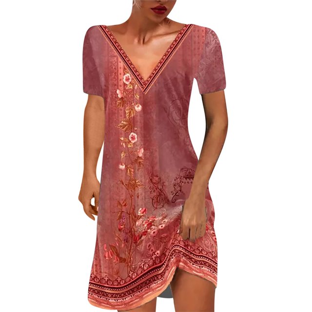 QIPOPIQ Robes de Fête pour Femmes Manches Courtes Tendance Col en V Imprimé Chandail Robe d'Été Robe Offres 2023