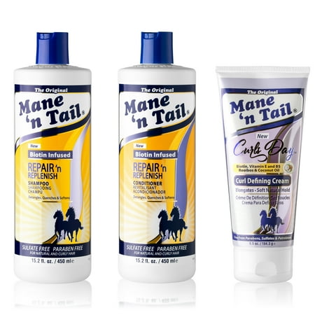 Mane ’n Tail: Repair ’n Replenish Shampoo and Conditioner (15.02 Oz Each) + Curls Day Curls Defining Cream (6.5 Oz) Sulfate Free For Natural And Curly Hair