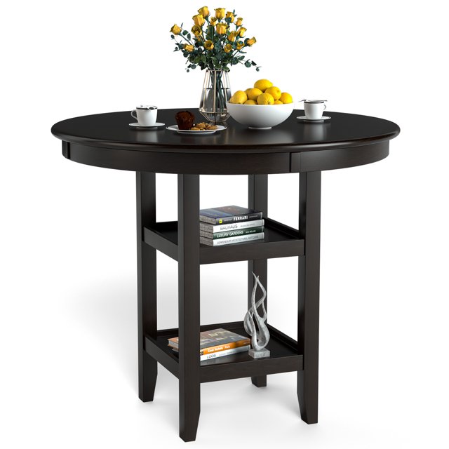 Costway 36.5" Comptoir Hauteur Table à Manger W / 42" Table Ronde et 2 Étages Étagère de Stockage
