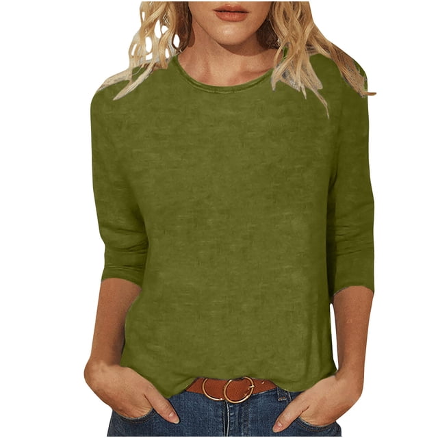 Hauts à Manches 3/4 pour Femmes Mode pour Femmes T-Shirt Uni Ample Mi-Long Blouse à Manches 3/4 Col Rond Hauts Décontractés T-Shirts en Coton Femmes T-Shirts pour Femmes Mode