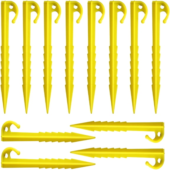 MISSMILE 12 Pcs 5.7 Inch Plastic Stakes Tent Pegs Serrated Edges Yellow Garden Landscape Stakes for Campings Outdoor and Garden Netting Lawn