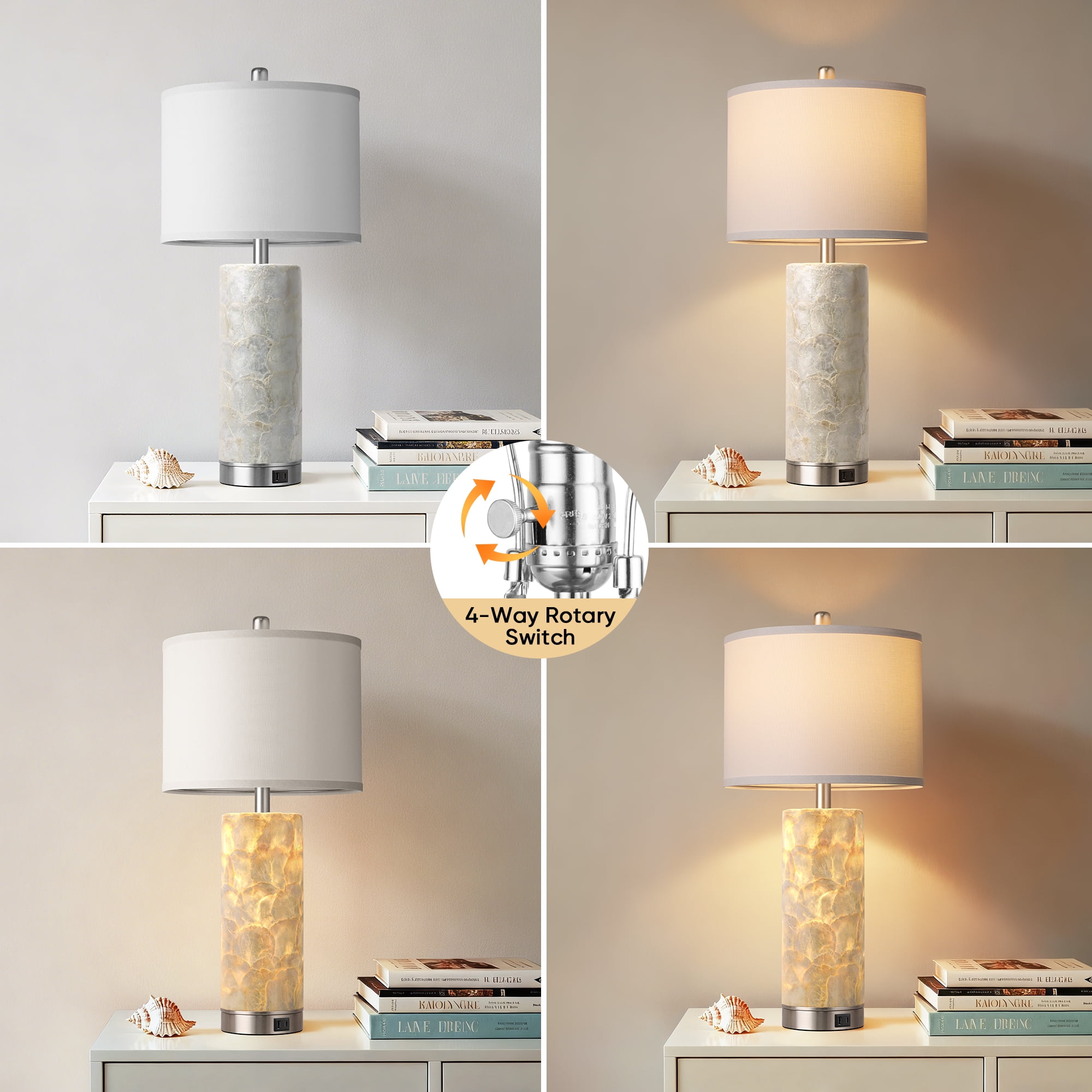 27in Coastal Table Lamps for Living Room Set of 2, Bedside Lamps with Night Light, Seashell Nightstand Lamps for Bedroom and Home Office
