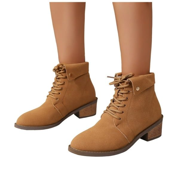 Rokment Women's Combat Dress Boots Fall Winter Fashion Suede Lace up Chunky Stackable Low Heel Short Ankle Booties for Women Ladies Brown Size 6.5