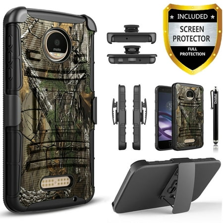 Moto Z3 Case, Dual Layers [Combo Holster] And Built-In Kickstand Bundled with [Tempered Glass Screen Protector] Hybird Shockproof And Circlemalls Stylus Pen
