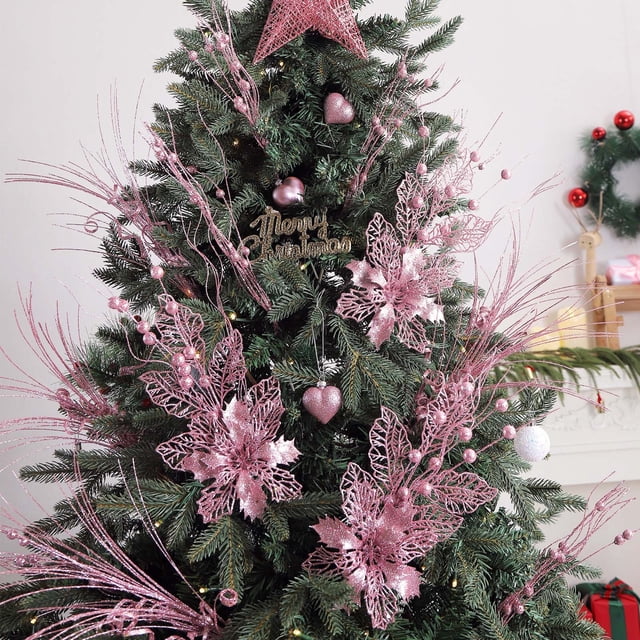 Adorno Navideño Artificial de Flores y Bayas con Polvo Dorado | Material: Plástico | 3 Adornos de Plástico | Tamaño: 48 X 5 X 5 Cm | Color: Rosa | Peso Bruto: 56 G
